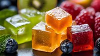 Colorful fruit jelly cubes with fresh berries and mint leaves on dark background with water drops, macro shot of sweet dessert candy.