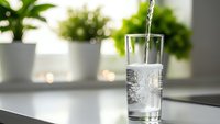 Fresh clean water pouring into glass on modern kitchen counter with green plants in background. Healthy hydration and wellness lifestyle concept.