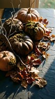 Rustic autumn pumpkins with moss and dried leaves arranged on wooden surface for seasonal home decor and harvest celebration styling.