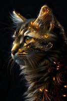 Mystical cat portrait with glowing golden ornamental patterns and magical sparkles on dark background, featuring detailed fur texture and intense feline gaze.