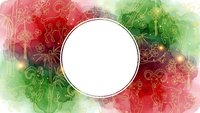Watercolor Christmas background with white circle frame, red and green festive colors, holiday decorations pattern for greeting cards and seasonal designs.