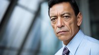 Portrait of mature Asian businessman with serious expression in modern office environment with glass architecture background.