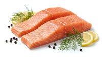 Fresh salmon fillets with dill and lemon on white background. Raw fish steaks for cooking, grilling or baking. Healthy seafood ingredient isolated.