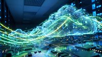 Digital data streams flowing across circuit board with glowing blue and green light waves, representing technology, connectivity, and network infrastructure for digital transformation concepts.