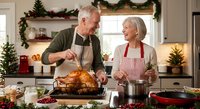Senior Caucasian couple preparing Christmas dinner together in festive kitchen, carving roasted turkey with holiday decorations and warm lighting.