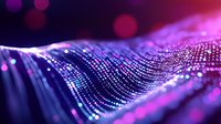 Glowing digital wave with purple and blue particles flowing in abstract motion, blurred bokeh lights creating futuristic technology background effect.