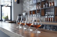 Whiskey tasting glasses filled with amber spirits lined up on wooden bar counter with shelves of bottles blurred in background for hospitality and beverage industry use.
