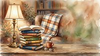 Cozy reading nook with stacked books, plaid blanket, warm lamp, and coffee cup on wooden table for relaxation and literature themes.