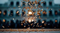 Autumn leaves dancing in golden sunlight against blurred urban background with bokeh lights creating magical atmosphere for seasonal photography and design.