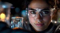 Young female scientist in protective eyewear examining chemical solution in beaker against dark laboratory background with bokeh lights. Professional research concept.