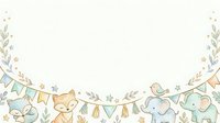Young cat and elephant with botanical elements, bunting flags, and stars on isolated white background, suitable for nursery decor, children's invitations, greeting cards, and baby shower designs.