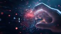 Digital fingerprint scan with binary code and glowing particles against dark background, representing cybersecurity and biometric authentication technology.
