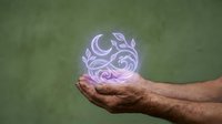 Elderly hands holding glowing purple mystical energy orb with swirling patterns against textured green background for spiritual healing concepts.