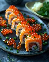 Fresh salmon sushi rolls topped with red caviar and green onions on ceramic plate, garnished with scattered roe, dramatic lighting enhances texture and color.