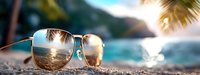 Stylish aviator sunglasses reflecting tropical beach paradise with palm trees and turquoise ocean water during golden hour sunset for summer vacation concept.