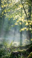 Sunlight filtering through green tree branches with soft bokeh background creating peaceful forest atmosphere for nature and wellness concepts.