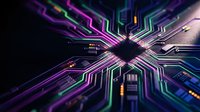 Futuristic circuit board with glowing neon traces in purple, blue and green colors. Digital technology background for electronics and computing projects.