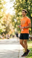 Young male athlete of mixed ethnicity jogging outdoors on a tree-lined path during daytime, wearing orange athletic shirt and black shorts while holding water bottle, fitness and wellness concept.