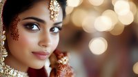 Young South Asian woman wearing traditional bridal jewelry and henna mehndi designs, with soft bokeh lights creating romantic wedding atmosphere.