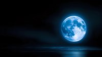 Glowing blue full moon reflecting on calm ocean water surface against dark night sky, creating mystical moonlit seascape atmosphere.