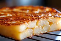 Close-up view of traditional Spanish tortilla de patatas with golden caramelized surface and tender potato layers visible in cross section, showing texture and detail.