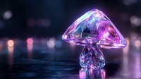 Glowing crystal mushroom with pink and blue luminescence against dark background with bokeh lights, magical fantasy art piece for mystical designs and illustrations.