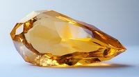 Luminous amber citrine crystal with geometric facets and translucent glow against light background, showcasing natural mineral formation and light refraction properties.