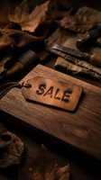 Rustic leather sale tag on wooden surface surrounded by autumn leaves, warm brown tones evoking seasonal shopping and retail promotion concepts.