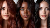 Three diverse women with long wavy hair showcasing natural beauty and skincare. Professional portrait photography for cosmetics and haircare campaigns.