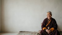 Senior Asian man with gray hair and glasses wearing traditional dark brown and gold robes, sitting cross-legged in meditation pose against neutral wall background for wellness and spirituality content.