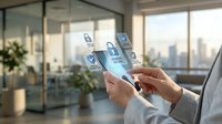 Digital payment icons floating above smartphone screen in business professional hands, modern office cityscape background, fintech and mobile banking concept.