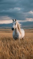 White horse standing in golden grain field with dramatic cloudy sky and distant mountains, suitable for equestrian, nature, and landscape design projects.