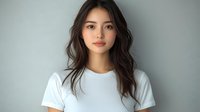 Young Asian woman with long dark wavy hair wearing white t-shirt against light gray background, looking directly at camera with natural makeup and confident expression.