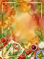 Watercolor food frame with Mediterranean ingredients, spices, herbs and vegetables creating decorative border on textured background for menu design.