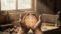 Skilled craftsman hands holding glowing ornate mandala pattern in rustic woodworking workshop with warm sunlight streaming through vintage windows.