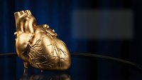 Golden anatomical heart model on dark surface for medical education and healthcare presentations.