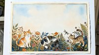 Watercolor cats sitting among botanical foliage border frame with leaves and plants on white background for greeting cards and stationery design.