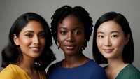 Three diverse professional women smiling confidently in colorful business attire representing teamwork, leadership and workplace diversity.