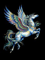 Ornate winged horse with flowing mane and tail, featuring intricate blue, gold, and multicolored decorative patterns. Isolated on transparent background, ready for t-shirts, stickers, clipart, and print-on-demand designs.