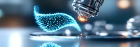 Glowing blue molecular structure under microscope lens on dark background, scientific research concept showing DNA helix shape in laboratory setting.