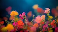 Vibrant snapdragon flowers in pink, orange and yellow colors bloom against dark blue bokeh background, creating dreamy garden atmosphere in soft focus.