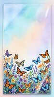 Watercolor butterflies and wildflowers border on pastel gradient background with copy space for greeting cards and invitations.