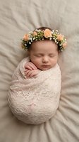 Sleeping newborn baby girl wrapped in lace blanket wearing peach rose flower crown on neutral beige fabric background for portrait photography.