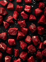 Raw beef chunks scattered on dark background with sea salt crystals. Fresh red meat cubes arranged in culinary composition for restaurant menu or cooking blog.