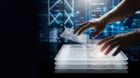 Hands interacting with holographic digital interface layers against cityscape backdrop, representing technology innovation, data management, and futuristic computing solutions.
