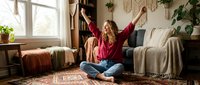 Young woman with curly hair celebrating success while sitting cross-legged on floor in cozy boho living room with plants and natural light streaming through windows.