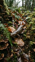 Slug crawling through autumn forest floor covered with fallen leaves, moss and ferns in natural woodland habitat for nature and wildlife content.