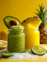 Fresh tropical fruit body scrubs with avocado and pineapple in glass jars on bright yellow background, surrounded by lime slices and raw ingredients.