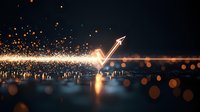 Glowing arrow rises above reflective surface with golden light particles and bokeh effects creating magical atmosphere against dark background.