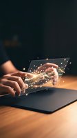 Hand holding transparent digital tablet with glowing light particles and data streams flowing from screen, representing technology, innovation, and digital transformation for business and communication concepts.